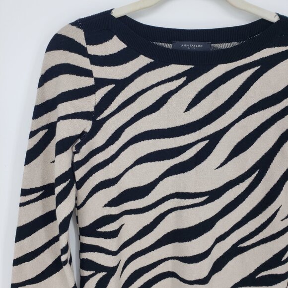 Ann Taylor Zebra Print Sweater XSP Seasonless Yarn Boat Neck Tan Black - Picture 5 of 8